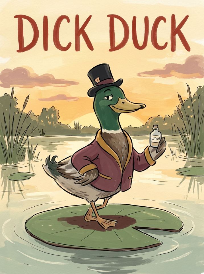 Cartoon Dick Duck in a top hat and smoking jacket on a lily pad at sunset, holding a tiny bottle of lotion
