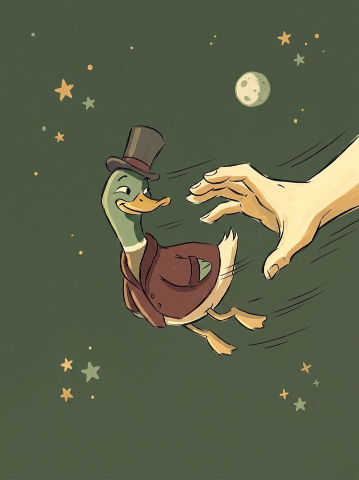 Cartoon Dick Duck dodging a giant reaching hand in space